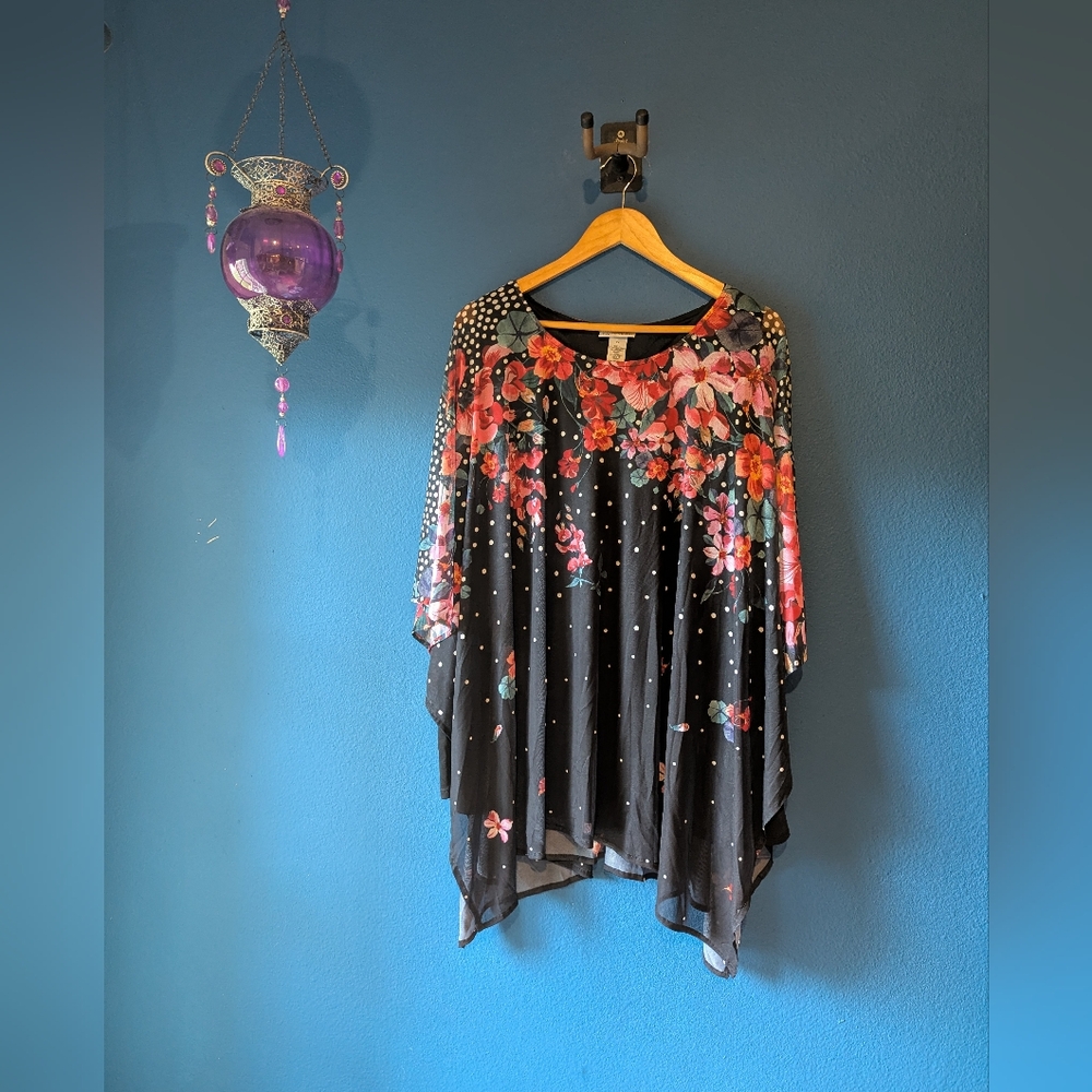 Catherine's Lined Sheer Floral & Black Women's Handkerchief Cut Top